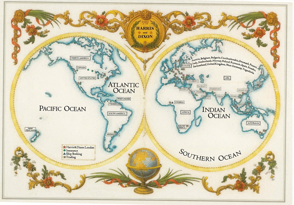 Decorative twin-hemisphere world map with the 1797 Harris & Dixon roundel
